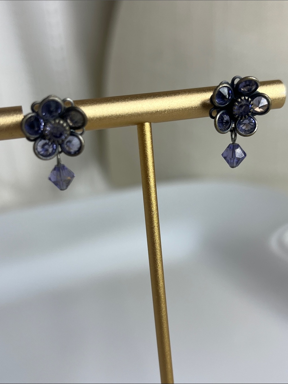 Purple Flower Drop Earrings with Dangling Crystal Beads - Picture 2 of 4